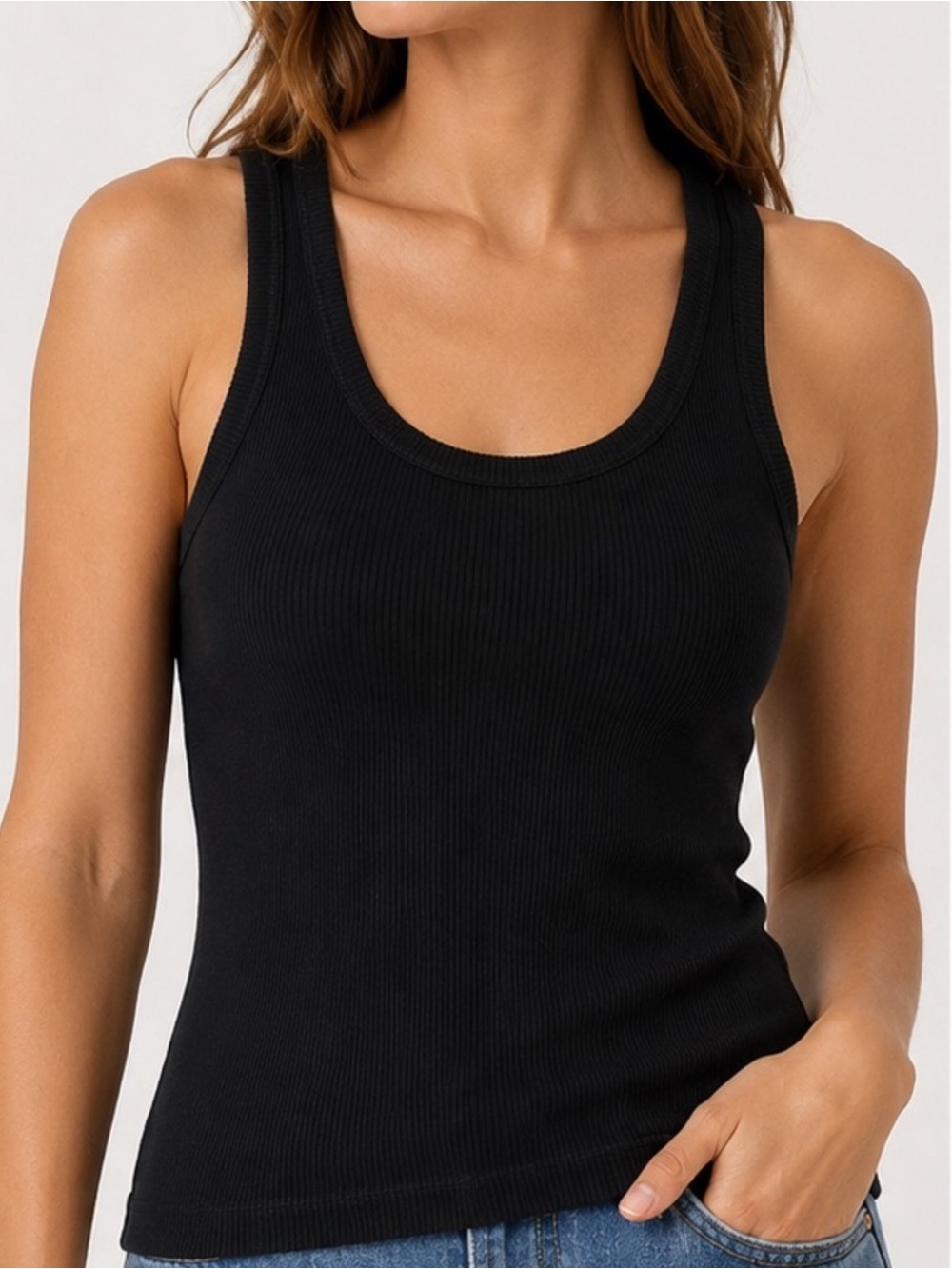 AGOLDE Black Ribbed Scoop Neck Tank Top Organic Cotton Blend Size Medium